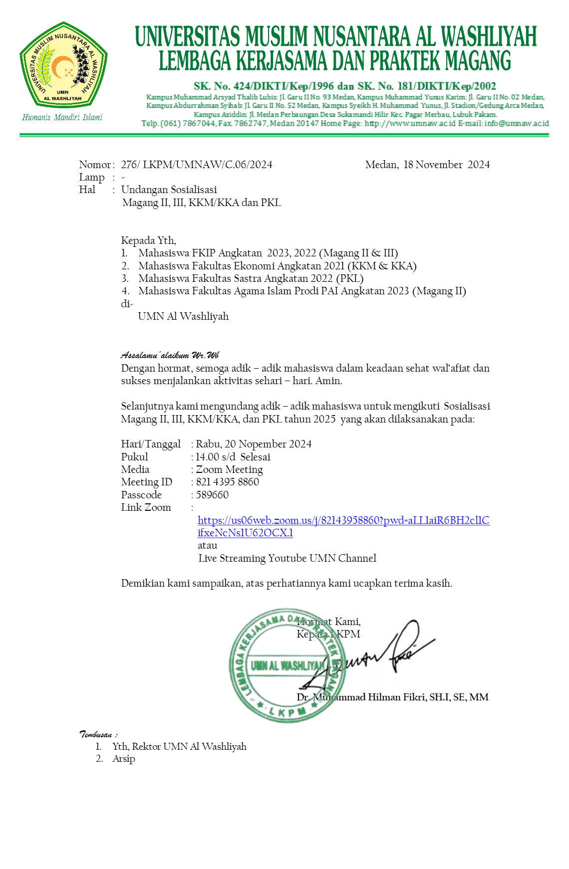 Sosialisasi Magang II, III, KKM/KKA dan PKL 2025