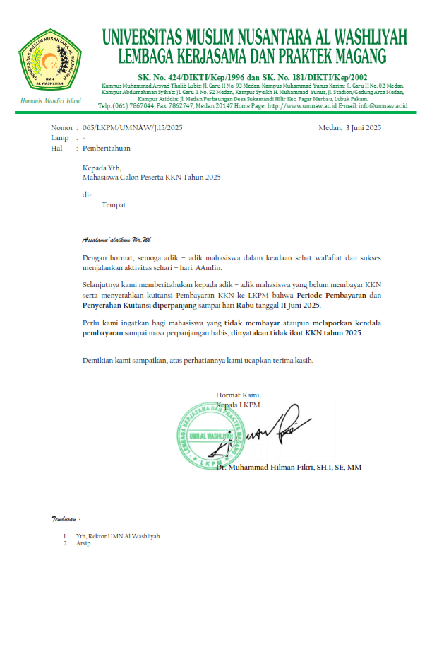 PEMBERITAHUAN PERPANJANGAN PERIODE PEMBAYARAN KKN TAHUN 2025